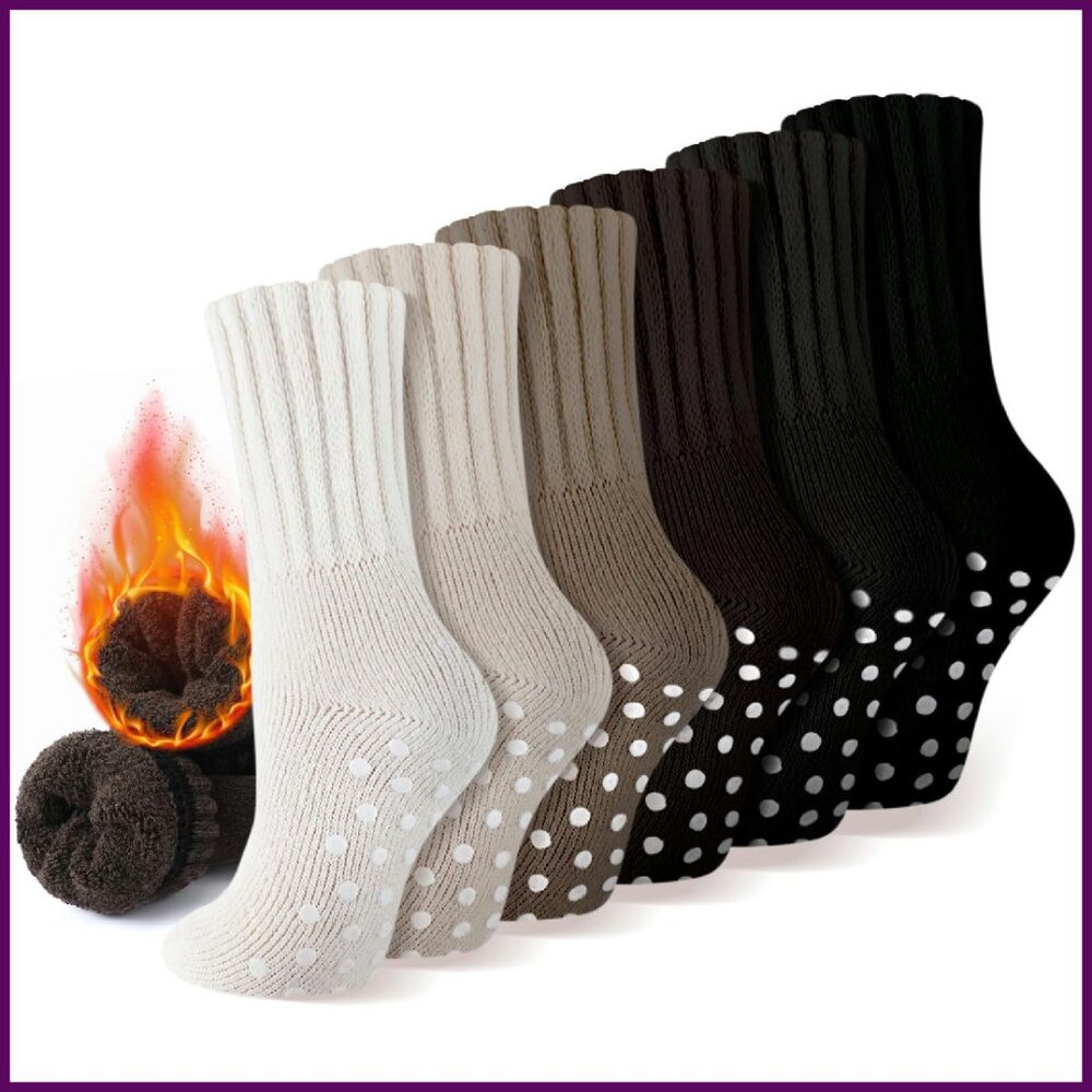6 Pairs Thermal Slipper Socks with Grips, Thick Warm Anti-Slip, One Size